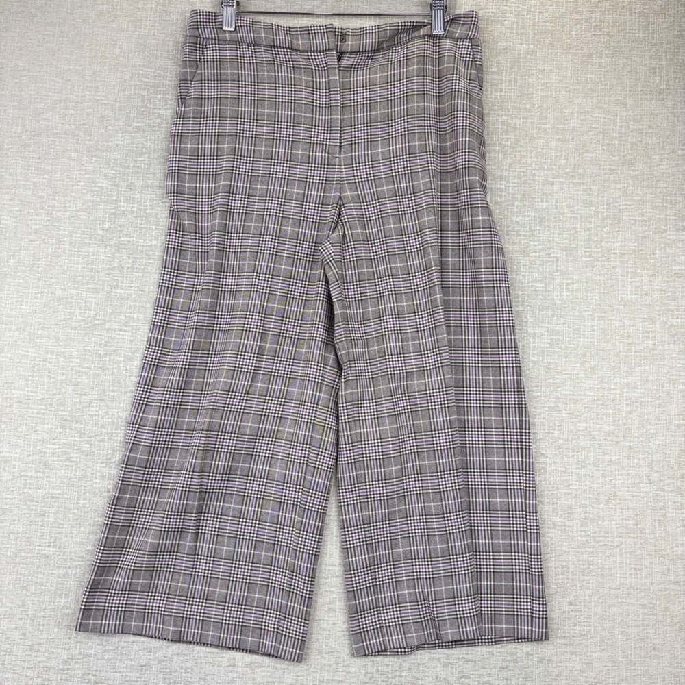 Halogen Petite Wide Leg Plaid Pants Grey Purple Glen Check Trousers Size 10P